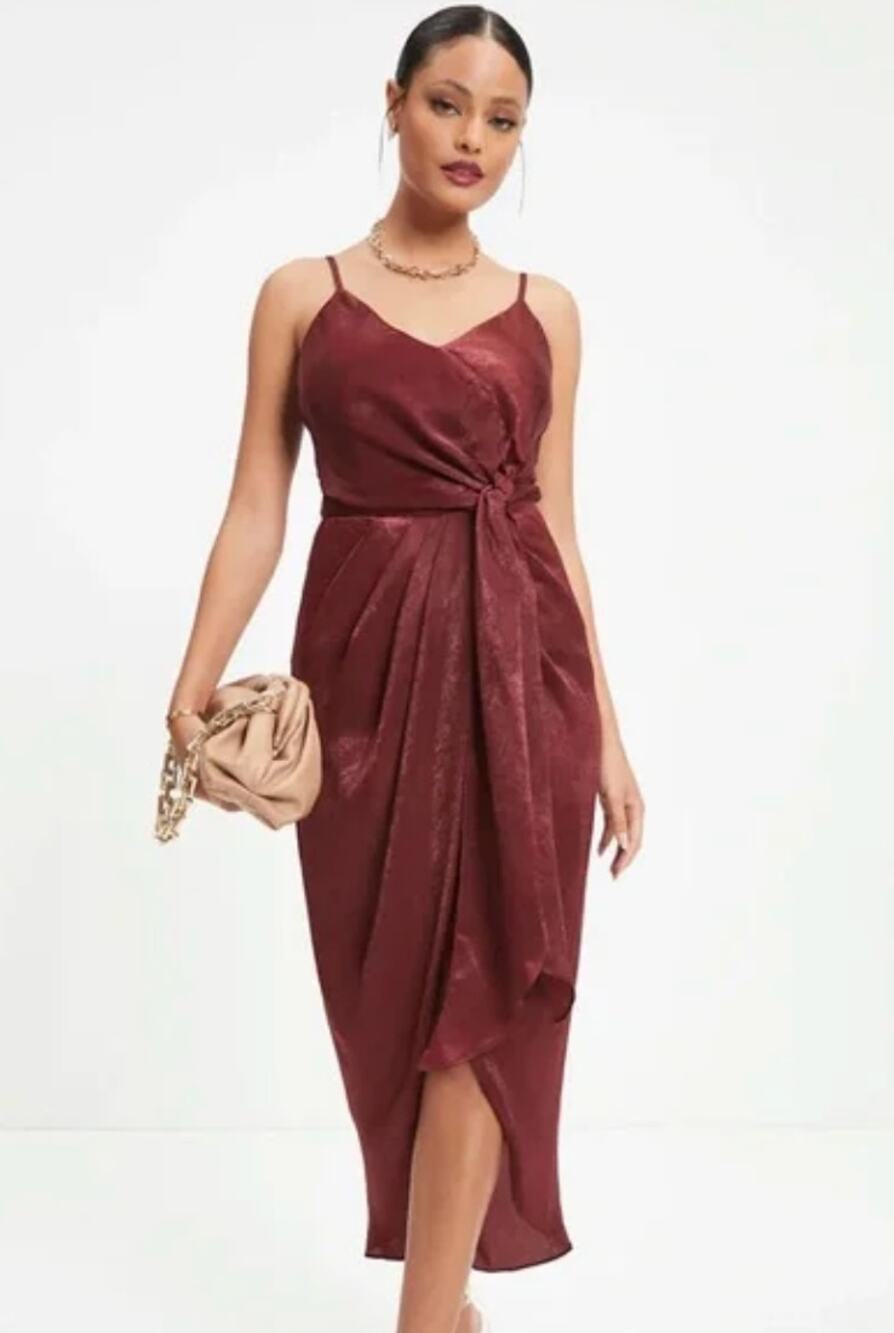 Aakaa Token Of Gratitude Satin Tie Midi Dress Womens Size Medium New Wine